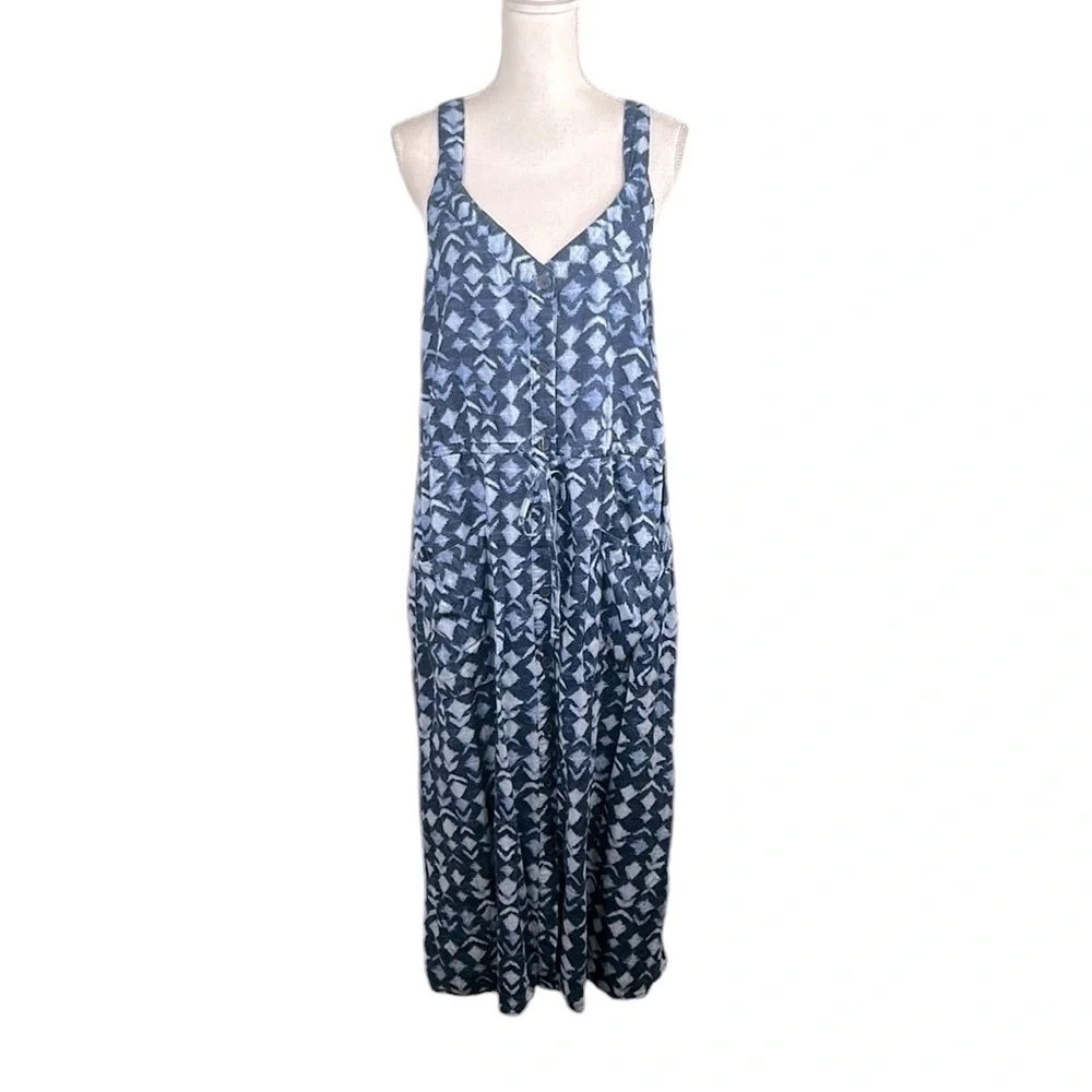 Time and Tru Linen Blend Blue V-Neck Spaghetti Strap Button Down Maxi Dress Sz L