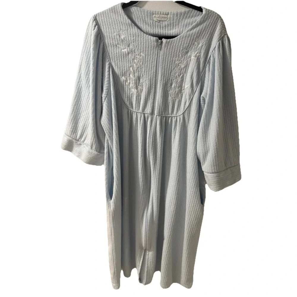 MISS‎ ELAINE Embroidered Blue Long Fleece Puff 3/4 Sleeve Bathrobe Full Zip XL