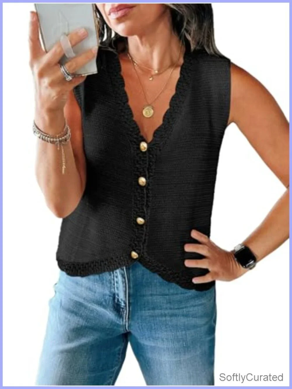 Sleeveless V Neck Cropped Button Down Sweater Vest Top