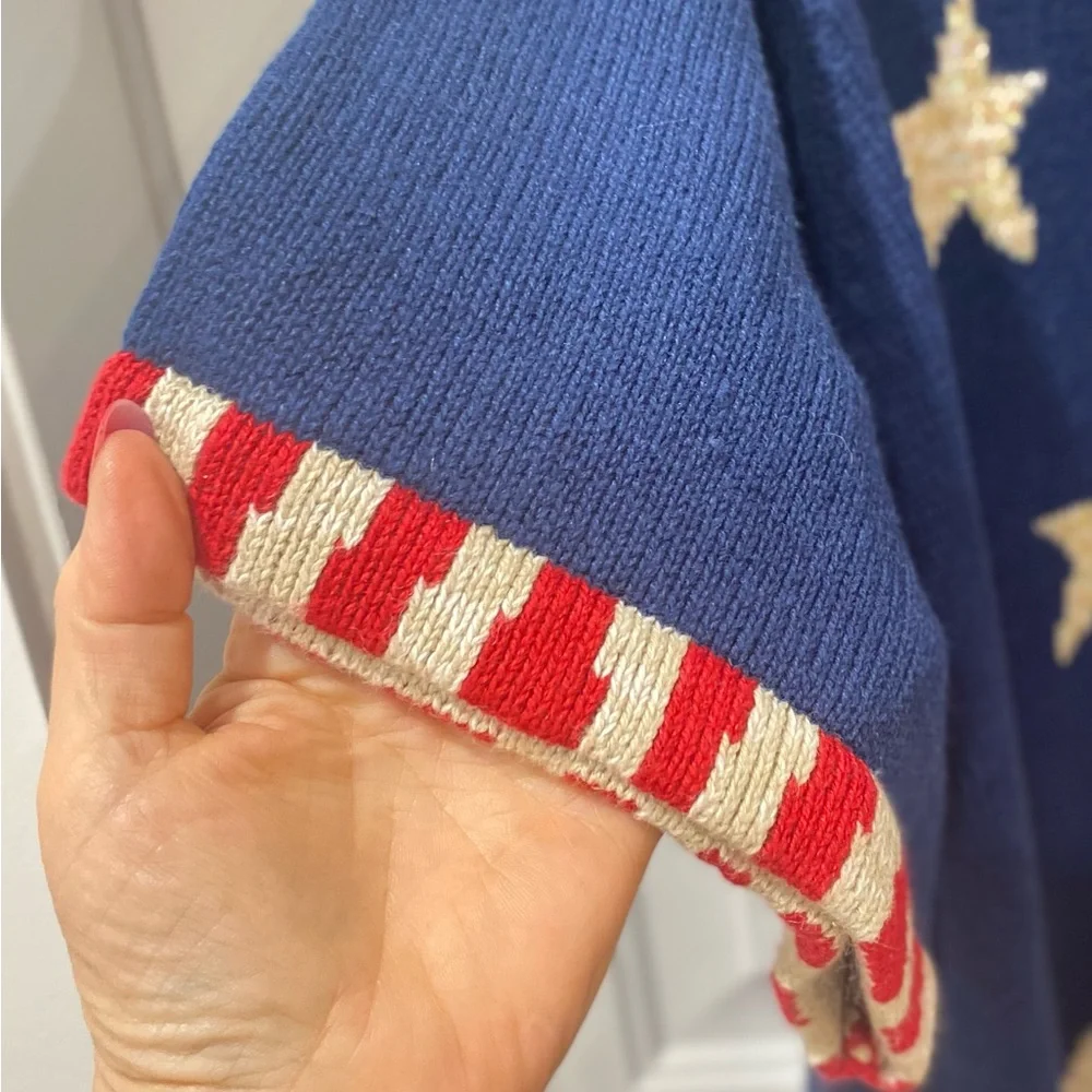 Quacker Factory Navy Blue Star Cardigan with Cream Stars and Red-White Trim
