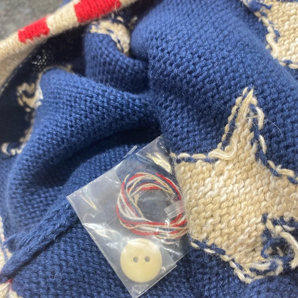 Quacker Factory Navy Blue Star Cardigan with Cream Stars and Red-White Trim