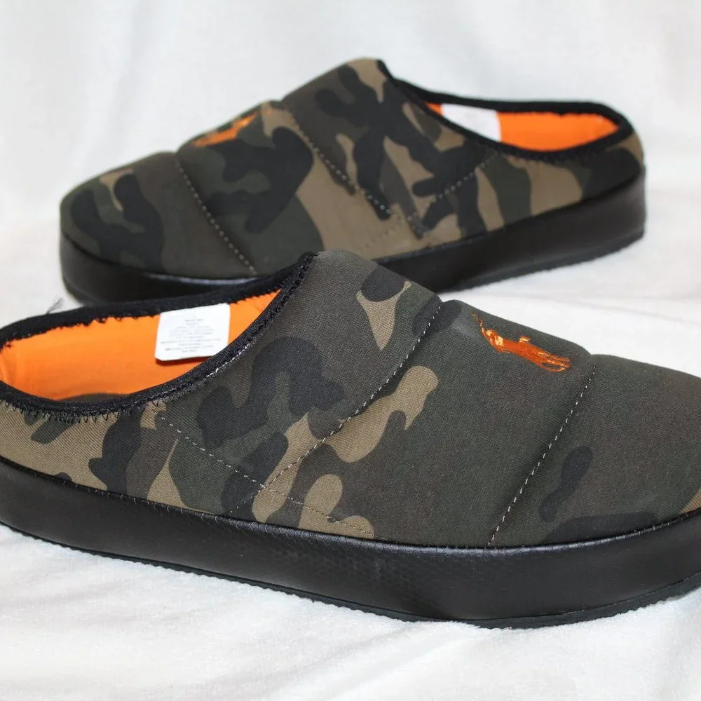 NIB POLO RALPH LAUREN MEN'S CAMOUFLAGE‎ PUFFER SLIP ON SLIPPERS GREEN ORANGE