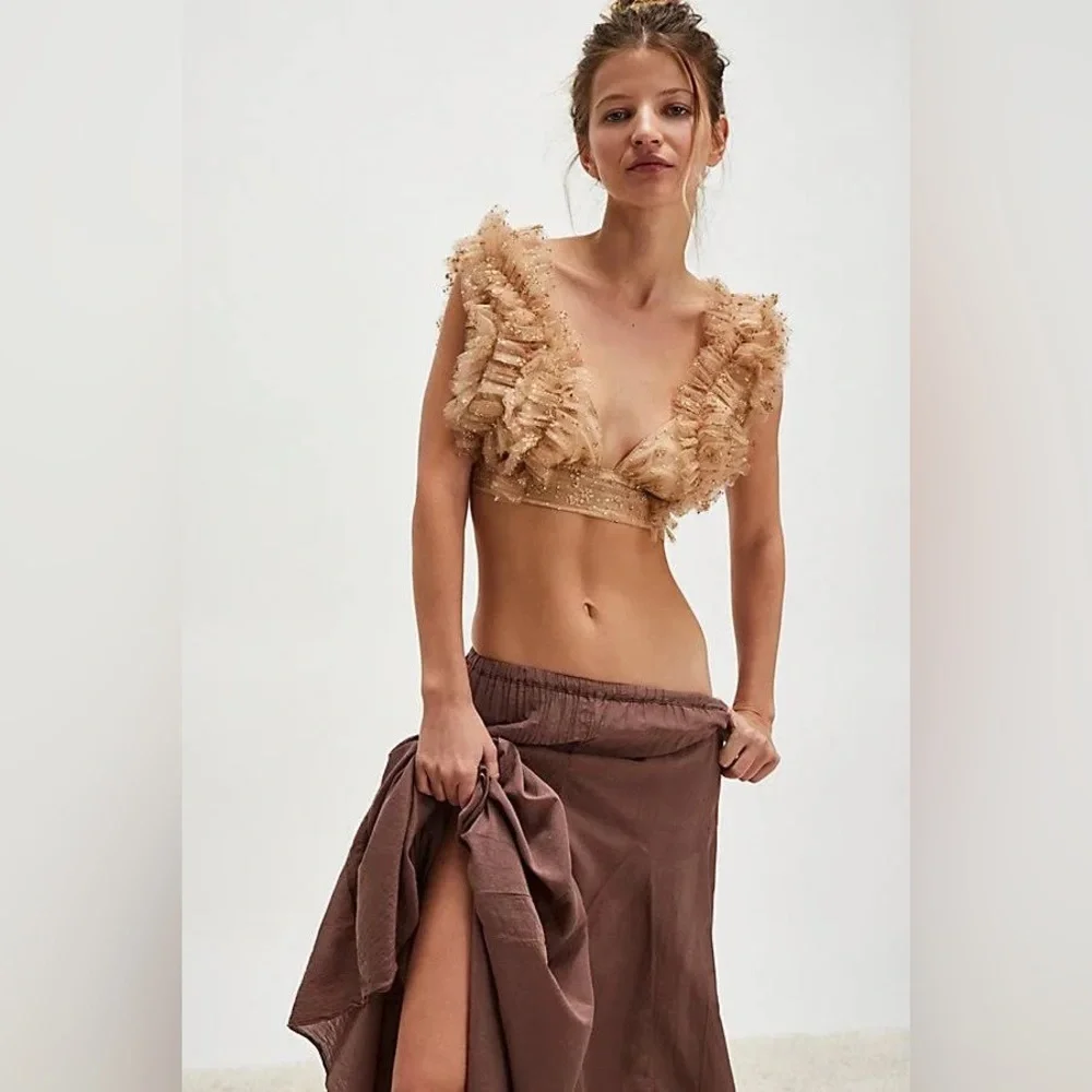 Free People Beige Ruffle Crop Top