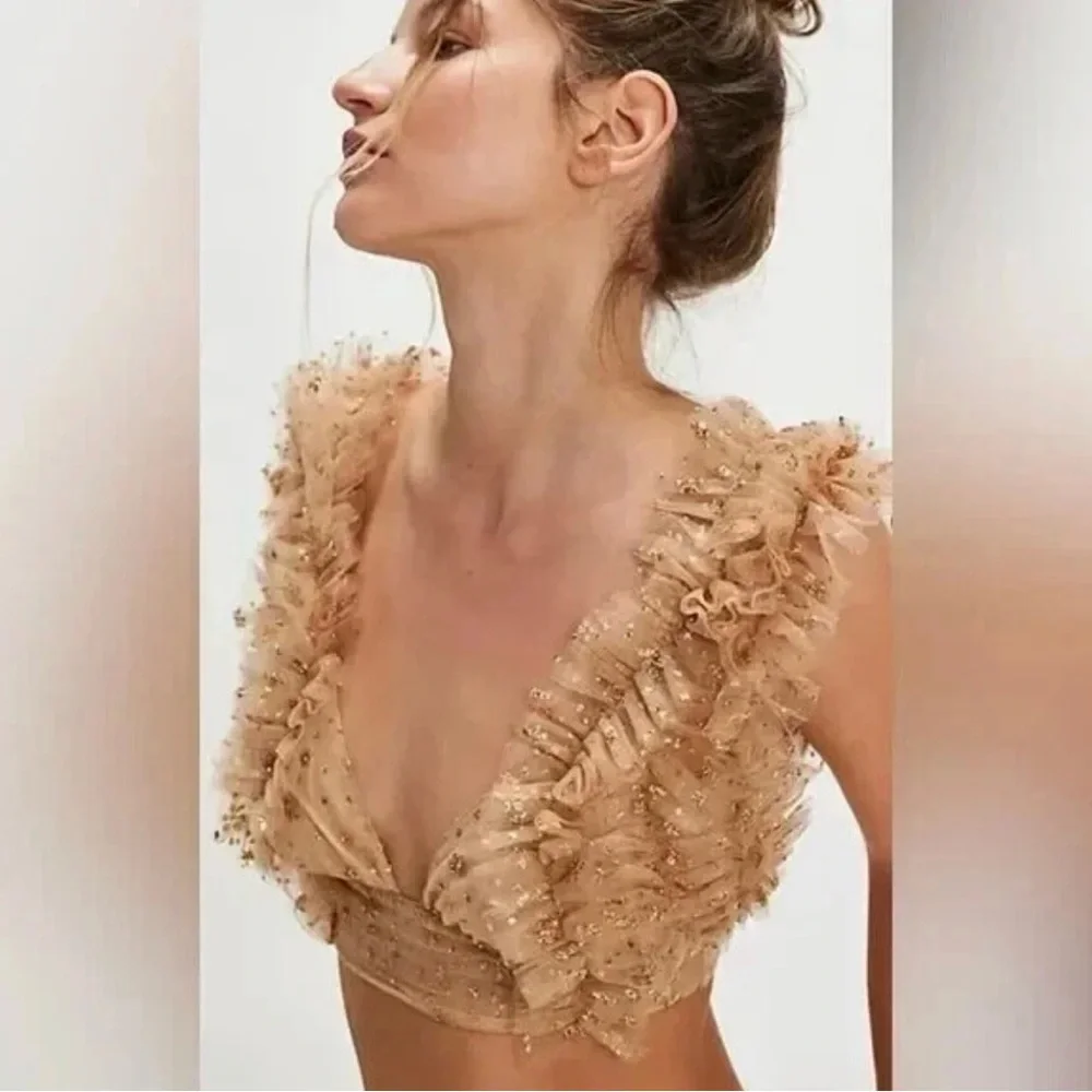 Free People Beige Ruffle Crop Top