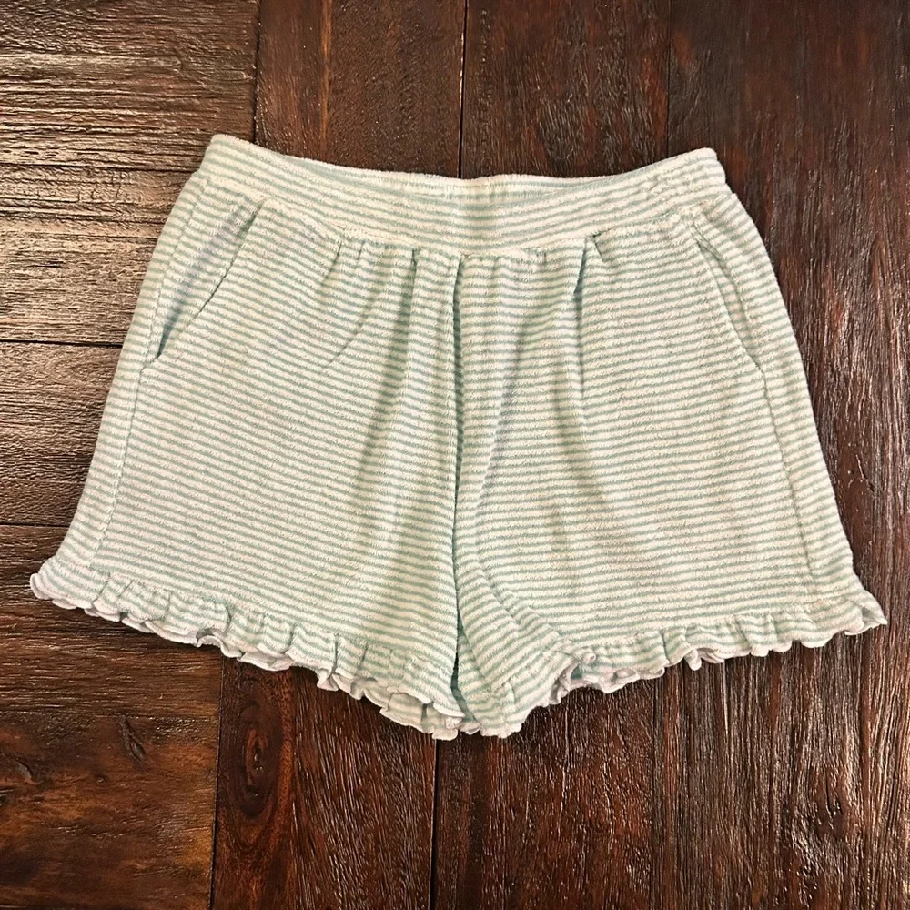 Ruffle Butts Soft Terry Cloth Striped Ruffle-Hem Shorts - Light Mint