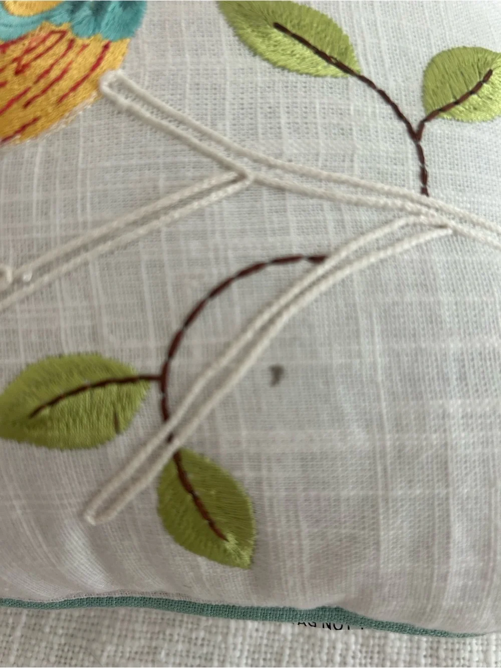 Bird Embroidered Accent Throw Pillow White Colorful Branch Cottage Decor