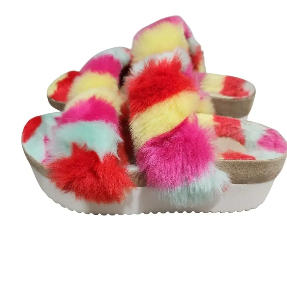 Women’s‎ Faux Fur Slide Sandals Multicolor Rainbow Plush Slippers Size 6