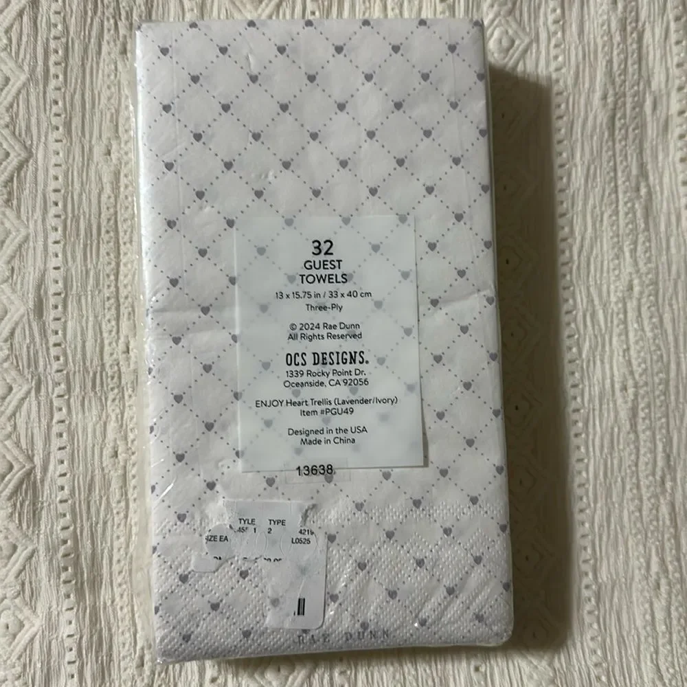 RAE DUNN 32 x 1pk ENJOY Guest Paper Towel Napkins Heart Trellis Lavender Ivory