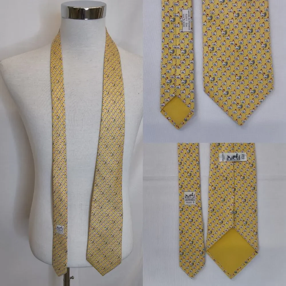 Hermes Yellow Chicken & Egg 100% Silk Tie Whimsical Print Made in France #W5218