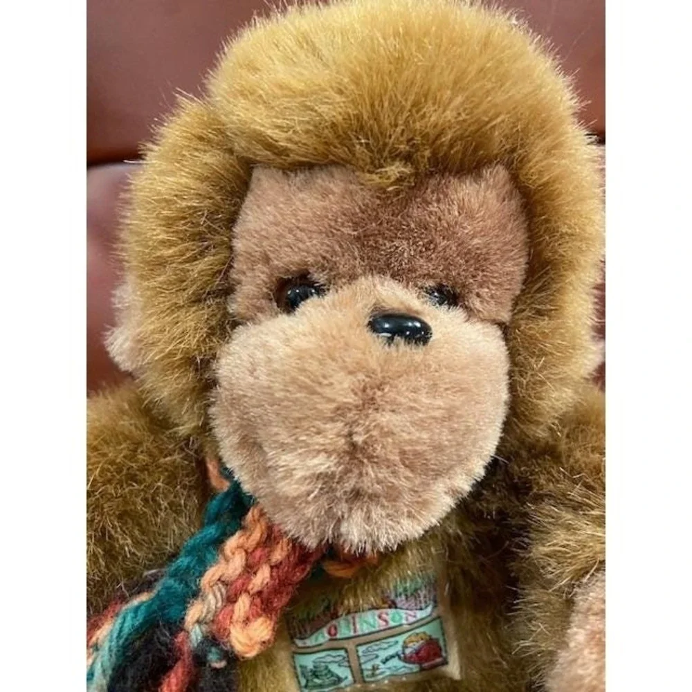 Vintage Robinson Plush Monkey Brown Shaggy Long Tail Stuffed Animal with Scarf