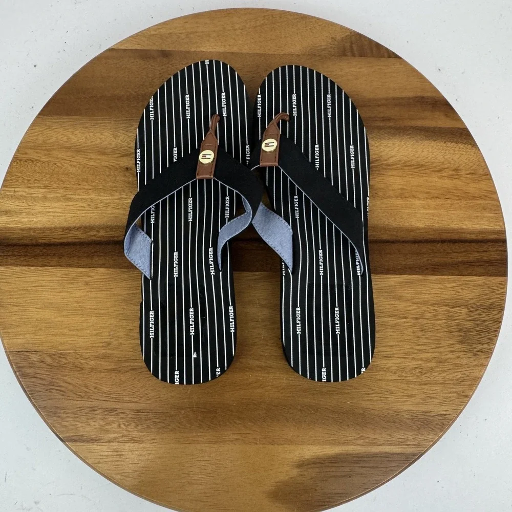 New Womens‎ Tommy Hilfiger Cemile Black Striped Thong Flip Flops Sandals Size 10