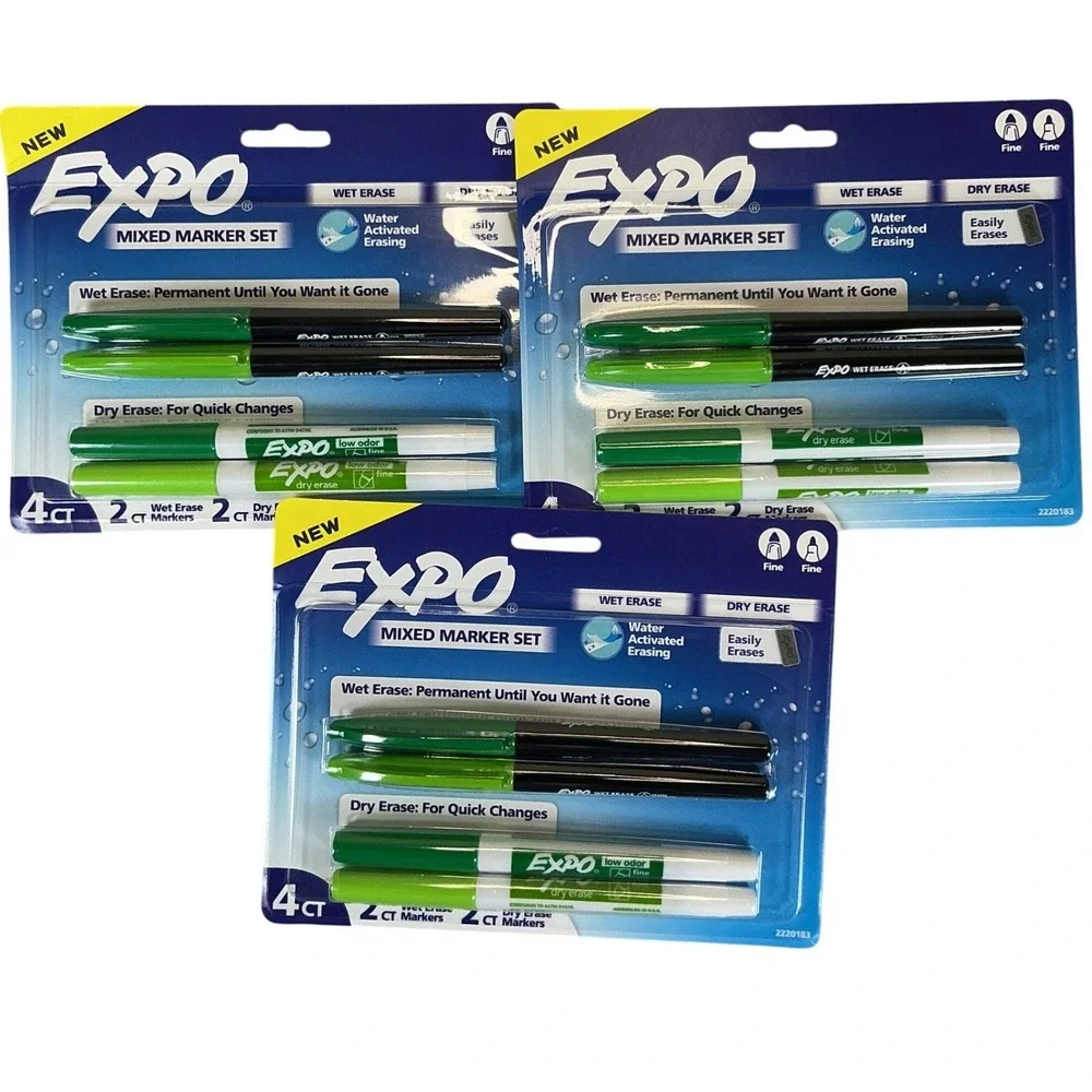 Lot of 3 Expo Mixed Marker Set 4ct Wet Erase‎ Dry Erase Fine Tip Green NEW
