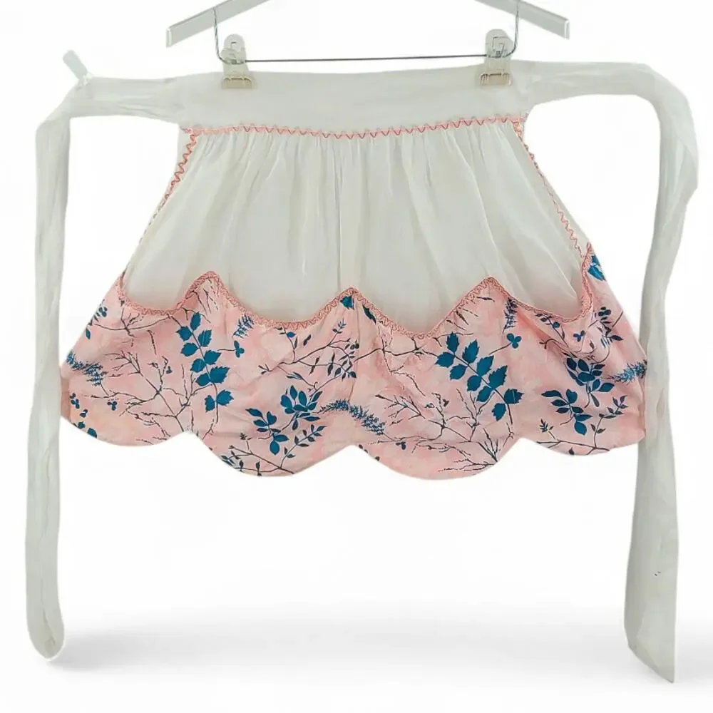 Vintage White‎ Pink Floral Half Apron Cottage Coquette Soft Girl Style