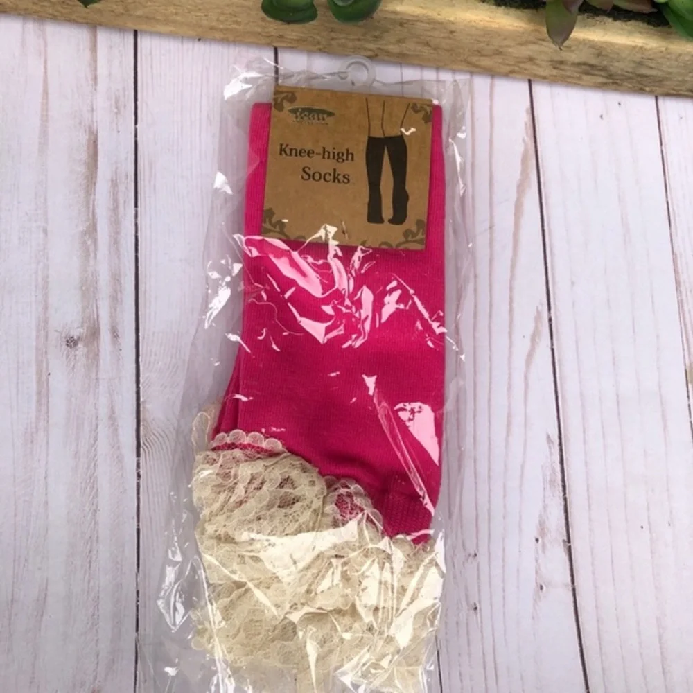 NWT boutique hot‎ pink with cream lace boot socks