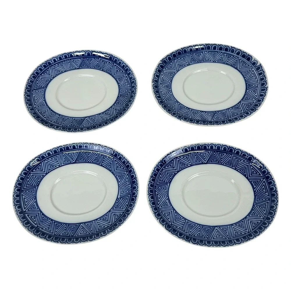 Bombay Four Mountains Blue White Porcelain Teacups Saucers Asian Landscape Set 4