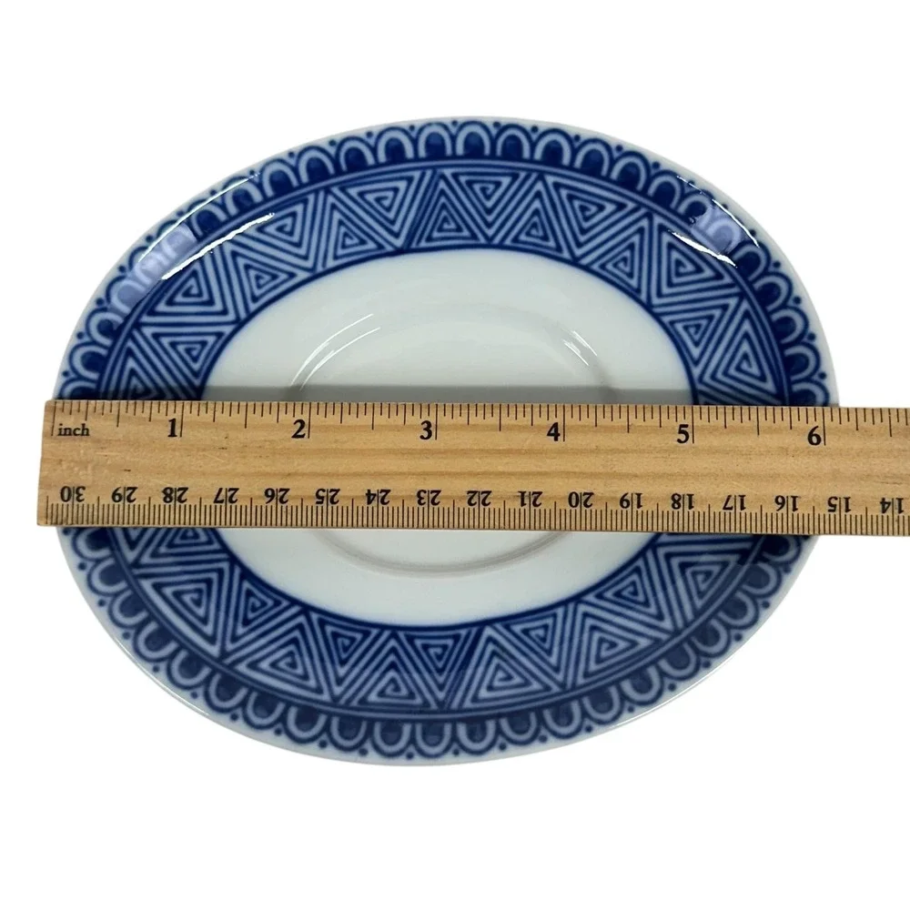 Bombay Four Mountains Blue White Porcelain Teacups Saucers Asian Landscape Set 4