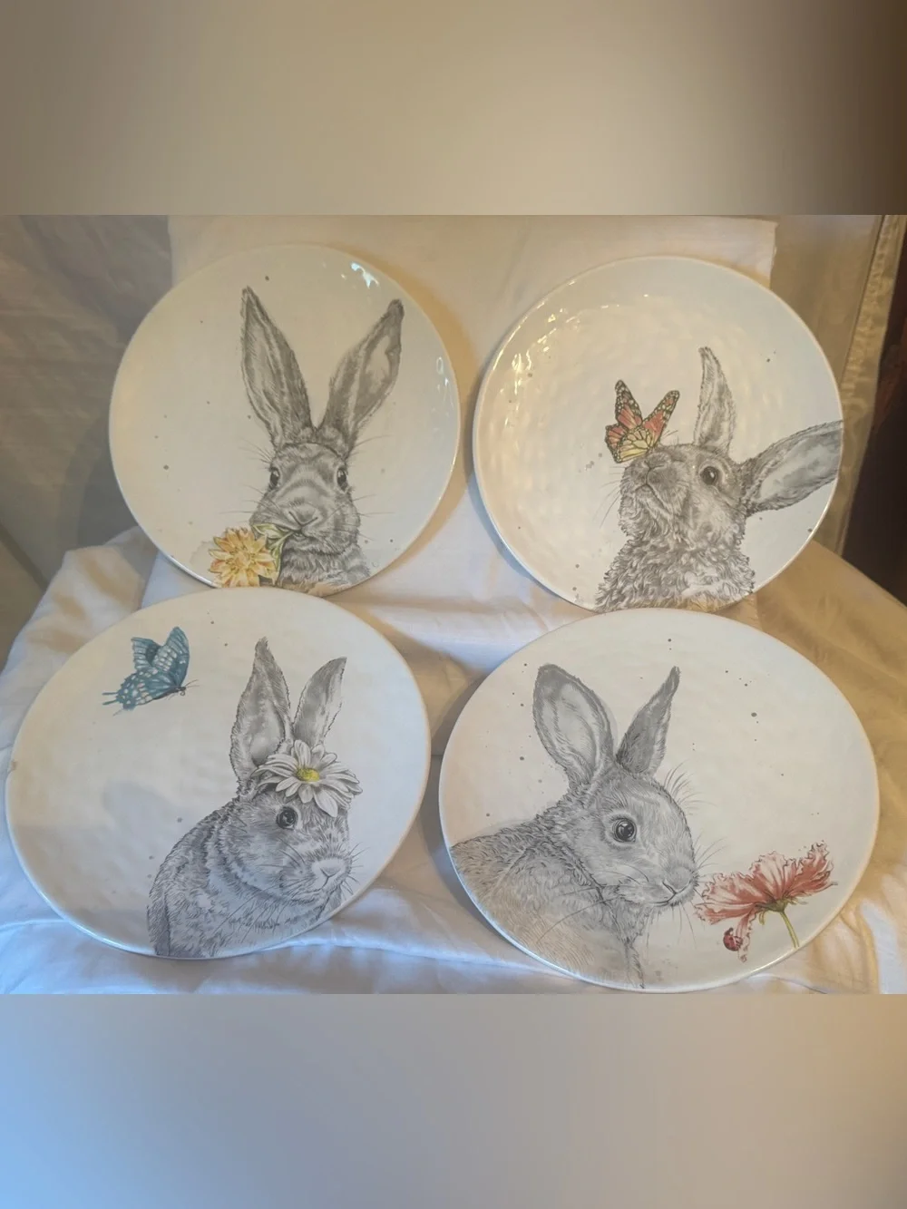 Pier 1 Easter Bunny w Butterflies and Flowers 8 1/2” Earthenware