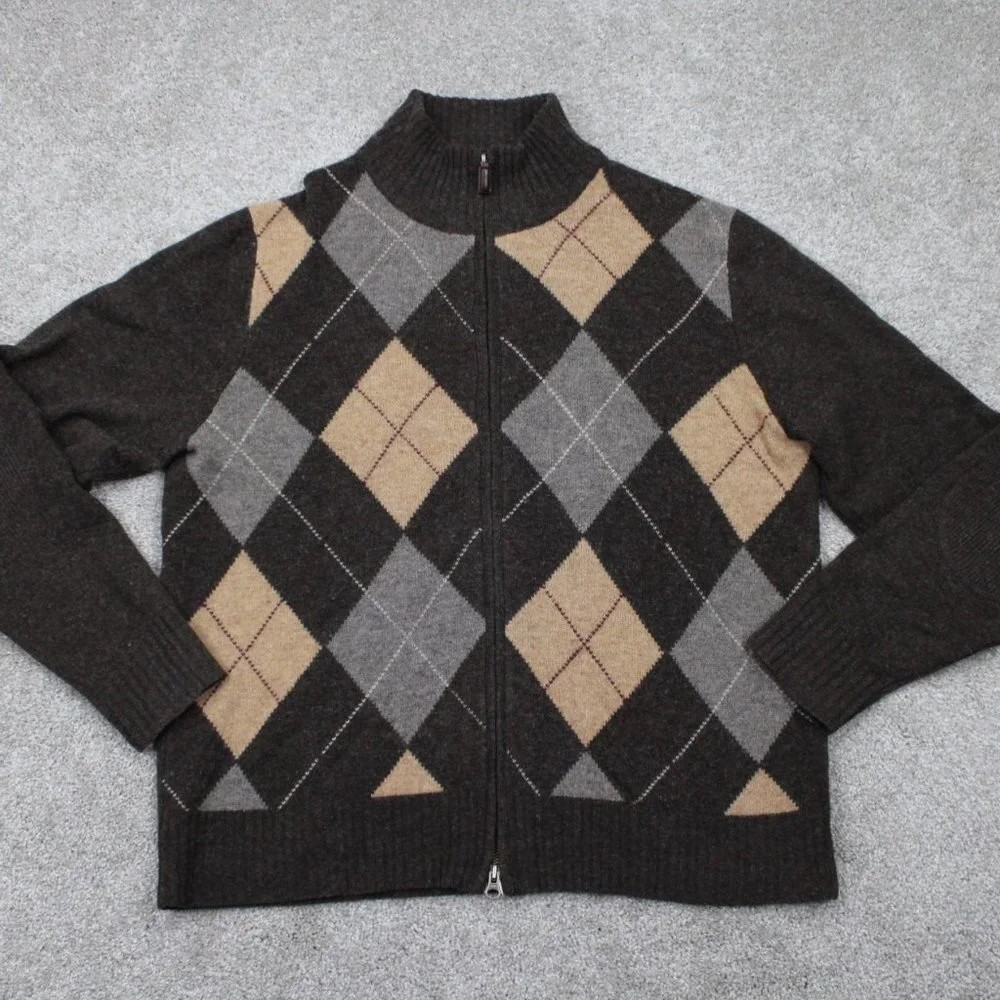 J. Crew Lambswool Sweater Mens Large‎ Brown/Tan Argyle Full Zip L/S Sweatshirt