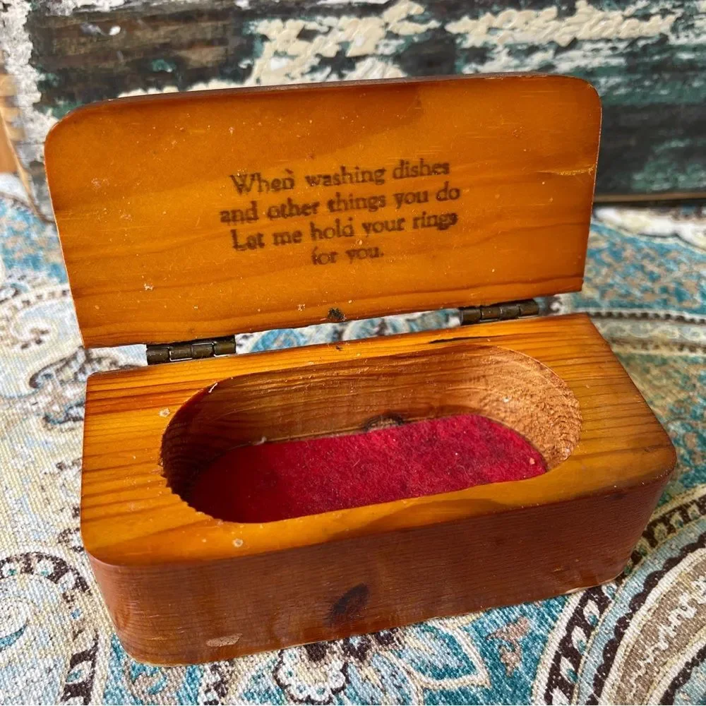 Wooden Ring Keeper Box Vintage Red Felt Poem Folk Art 1950s 1960s