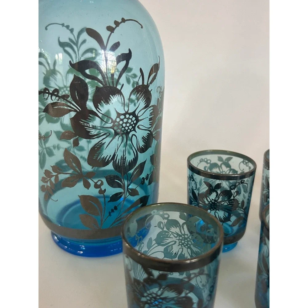 Vintage Murano Blue Art Glass Decanter 6 Shot Glasses Set Floral MCM