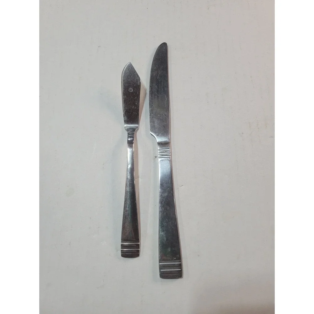 Stainless Steel Flatware Ribbed Base Dinner Knife‎ and Butter Spreader 2pc Set