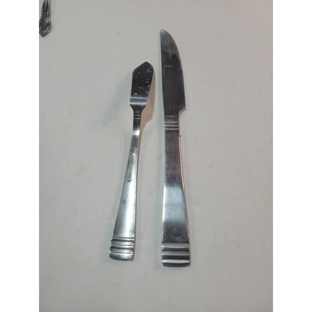 Stainless Steel Flatware Ribbed Base Dinner Knife‎ and Butter Spreader 2pc Set