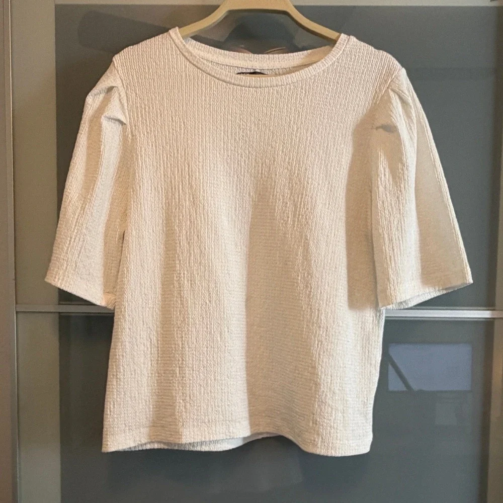 Zara Textured Knit Puff Sleeve Top‎ Cream Off White Short Sleeve Blouse Large