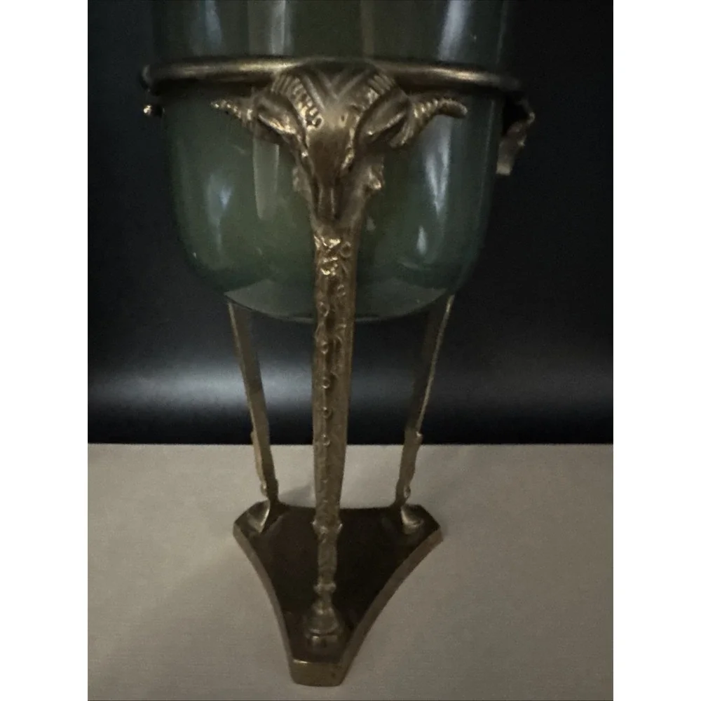 Vtg MCM Brass Stand Paired w Pottery Barn Glass Candle Holder Ram Head‎ Man Cave