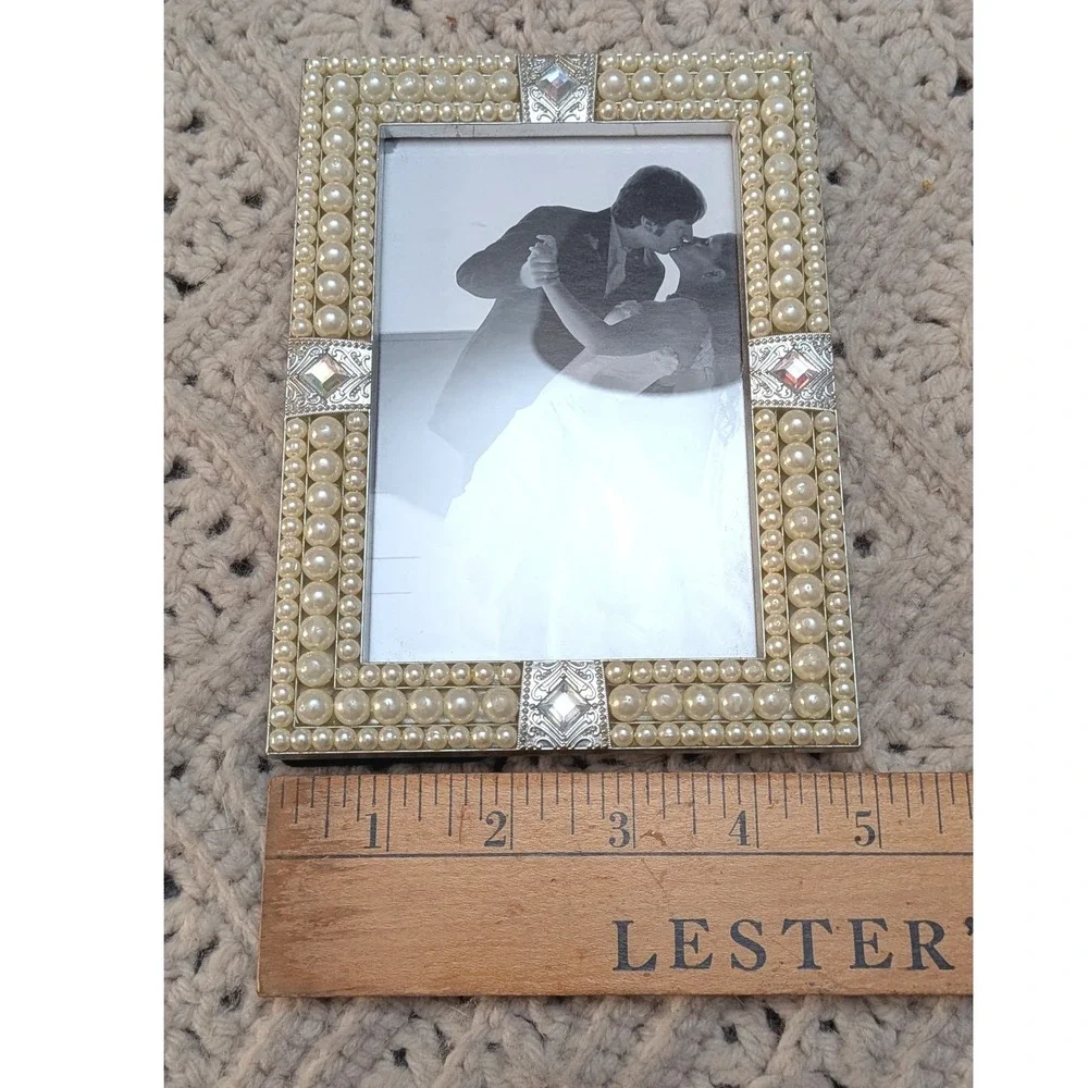 Pearl Rhinestone Picture Frame Silver Faux Pearl Wedding Decor Ornate Vintage