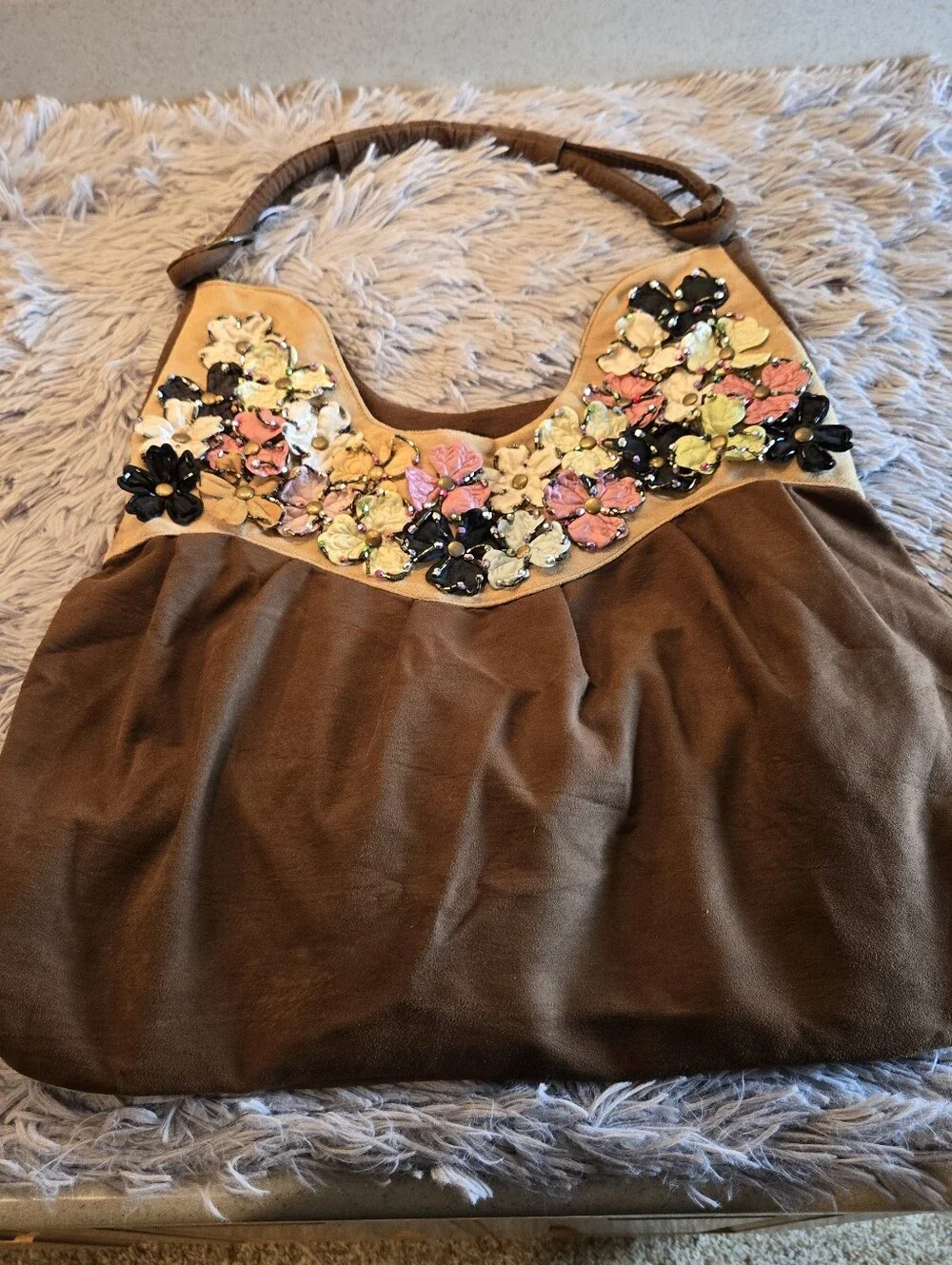 Suede Type Brown Boho bag with Floral Embellishments