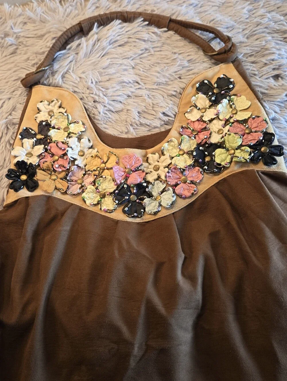 Suede Type Brown Boho bag with Floral Embellishments