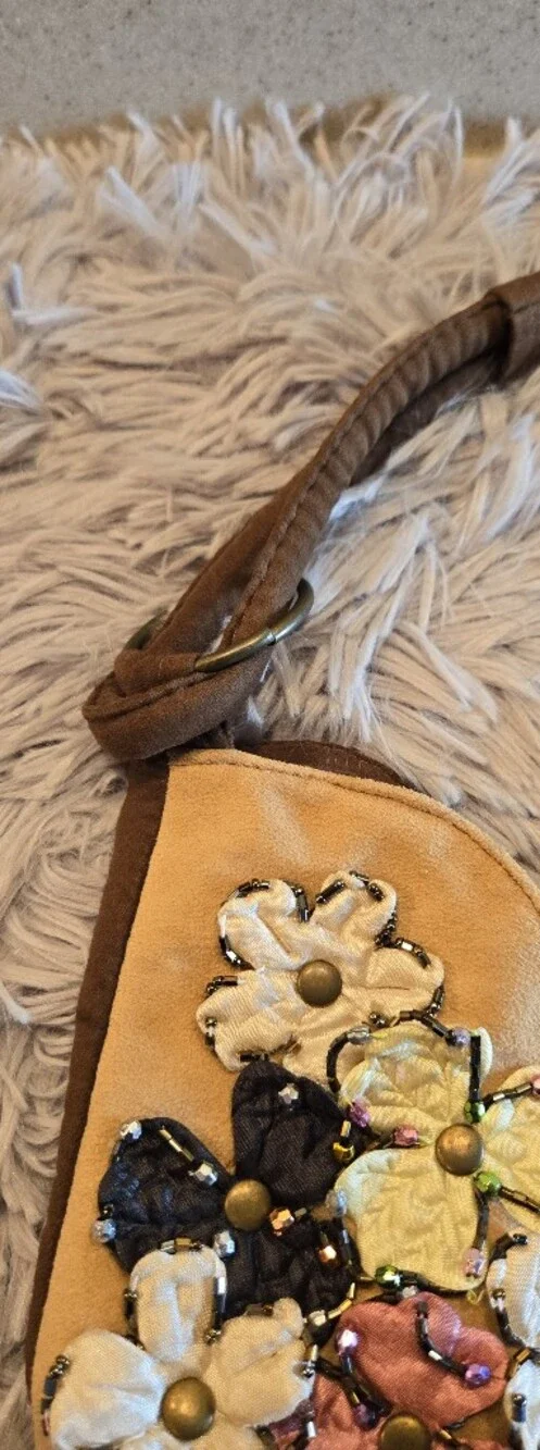 Suede Type Brown Boho bag with Floral Embellishments