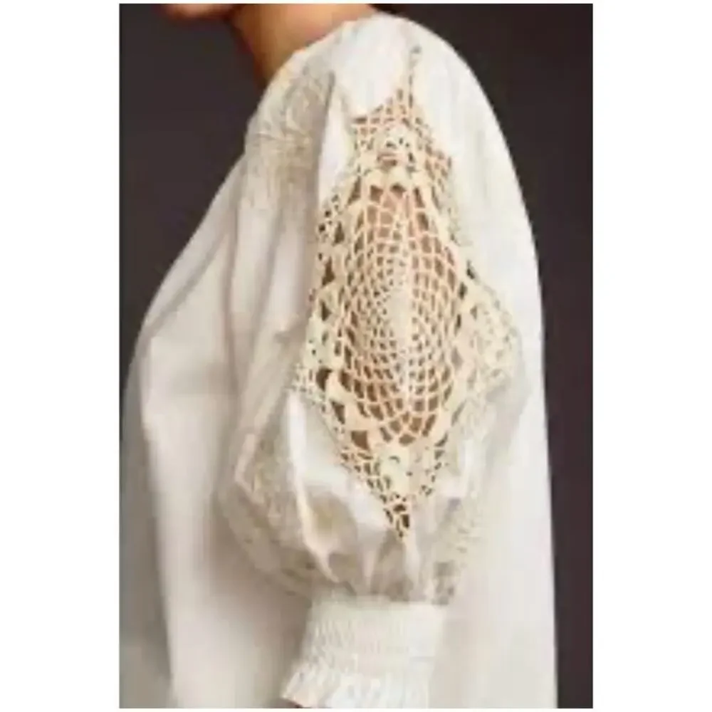 Anthropologie Women’s Sz S Ivory Crochet Blouse Short Puff Sleeve Pullover