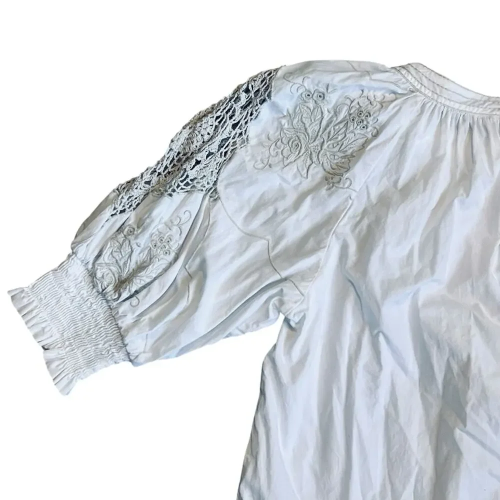 Anthropologie Women’s Sz S Ivory Crochet Blouse Short Puff Sleeve Pullover