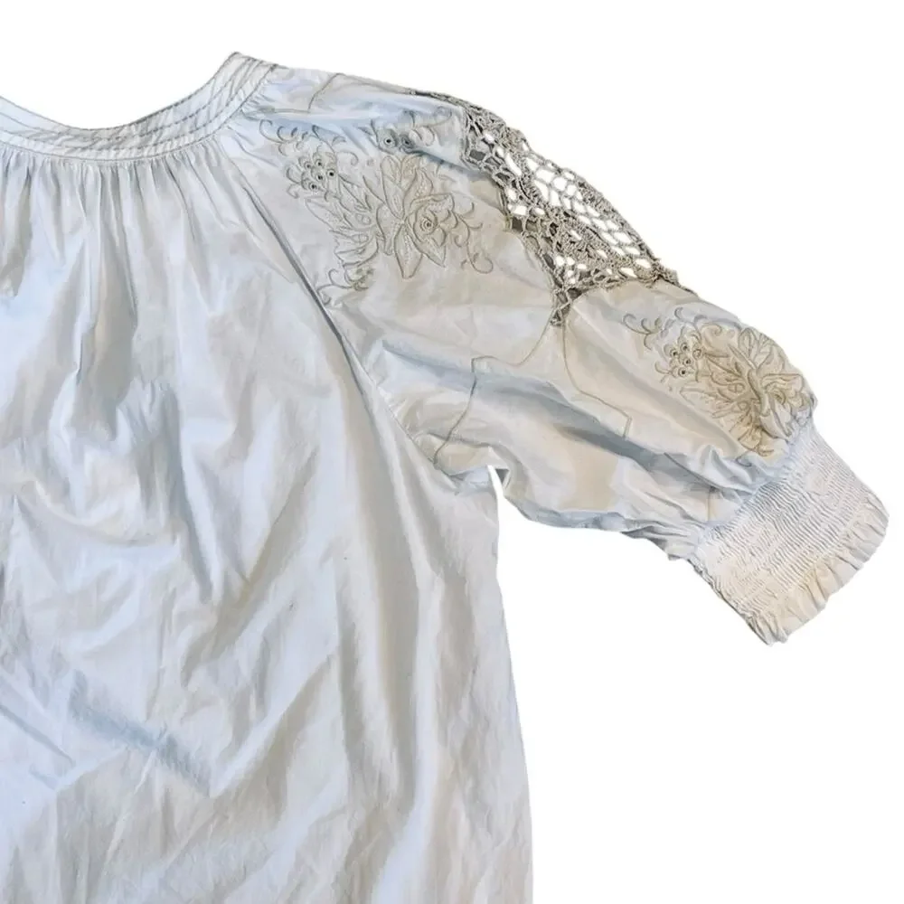 Anthropologie Women’s Sz S Ivory Crochet Blouse Short Puff Sleeve Pullover