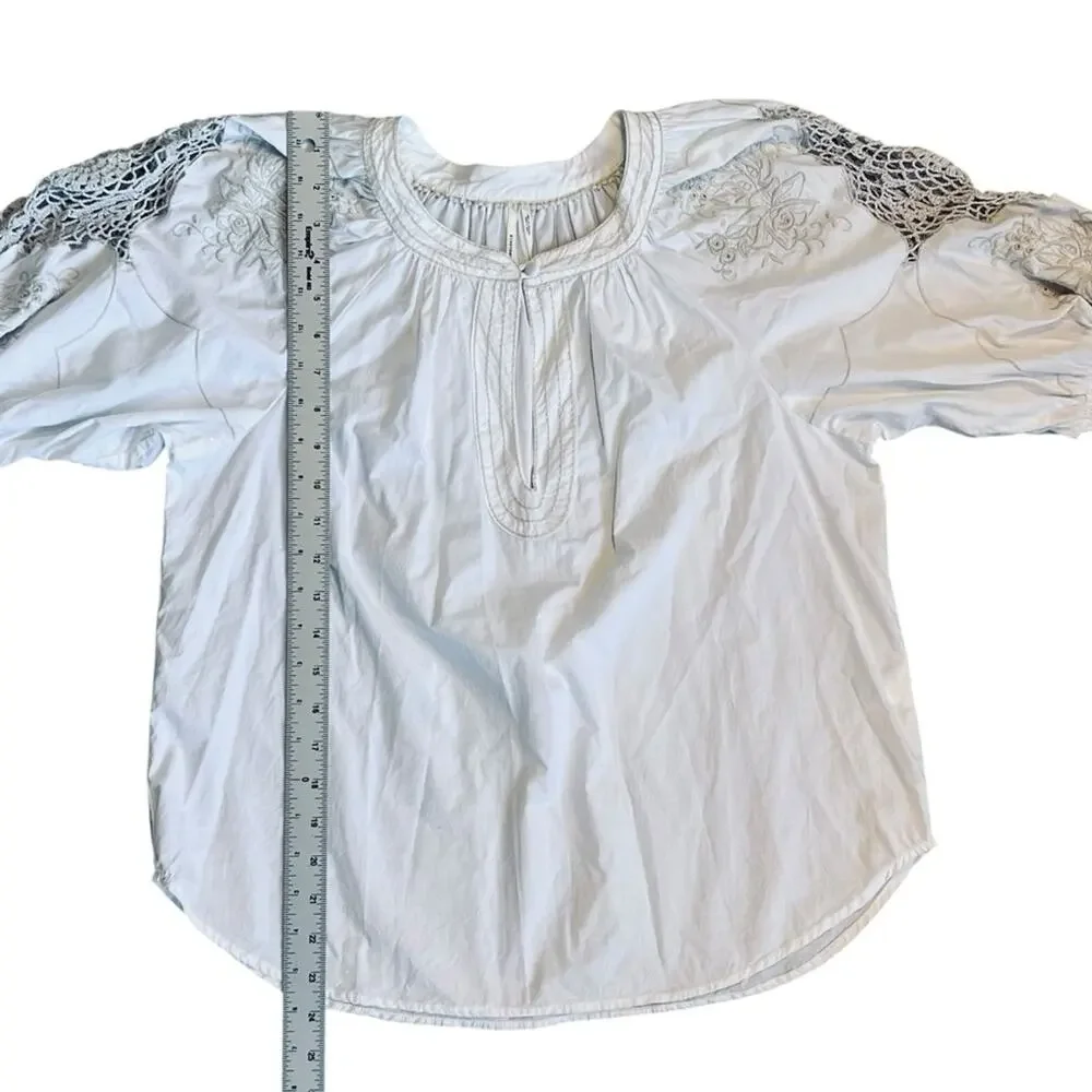Anthropologie Women’s Sz S Ivory Crochet Blouse Short Puff Sleeve Pullover