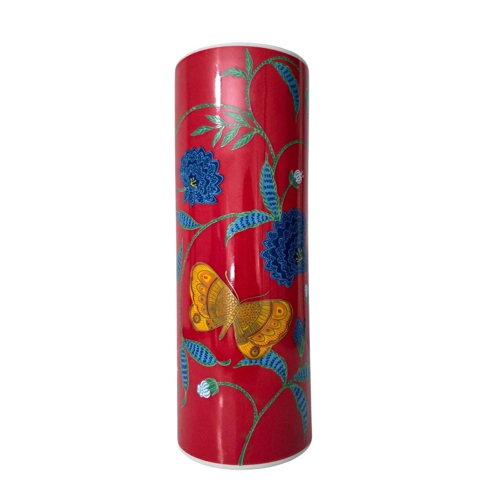 Otagiri Golden Butterfly Fraser Collection Red Floral Cylinder Vase Japan 9.5