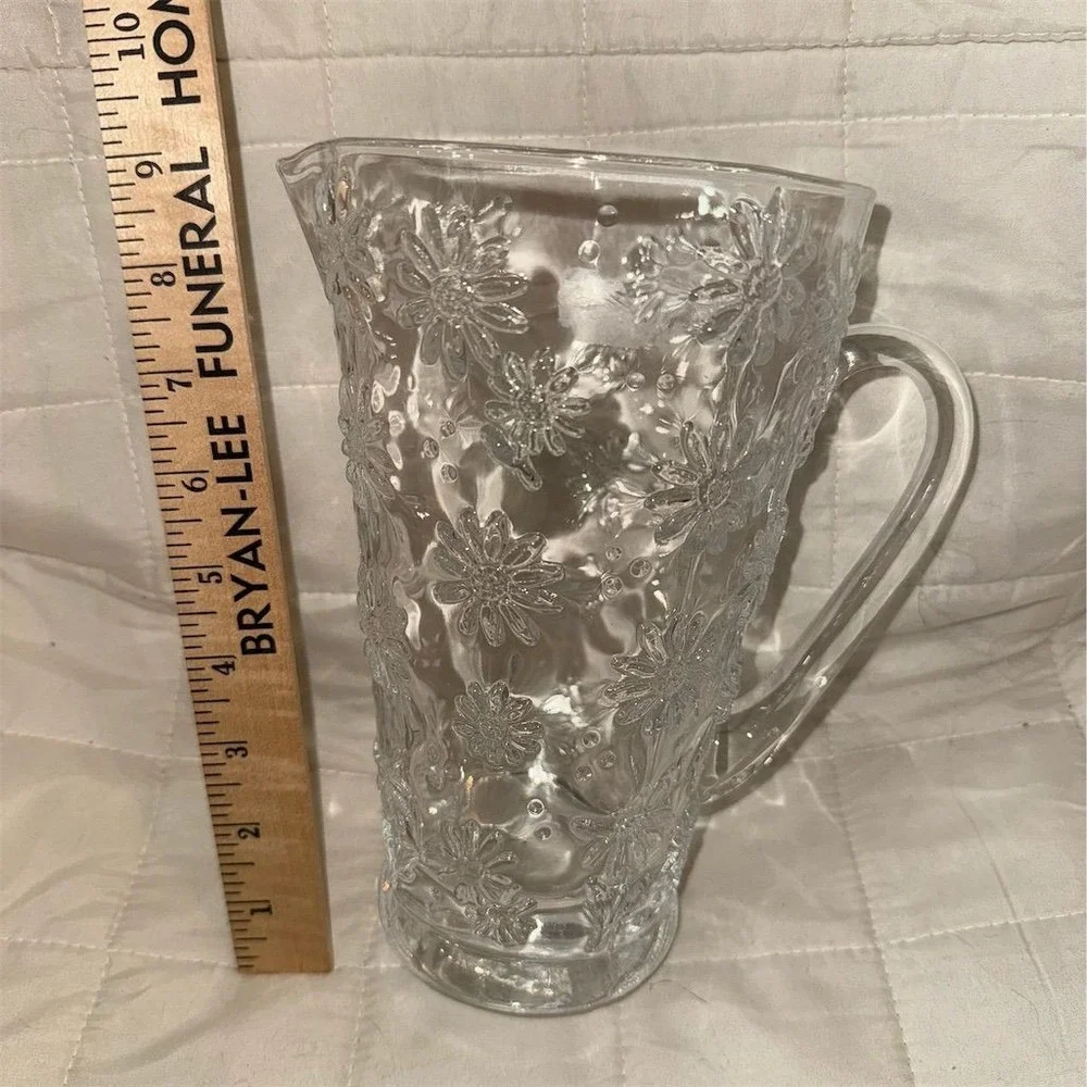 Vtg Embossed Daisy Glass Pitcher Clear Floral Design 7.25