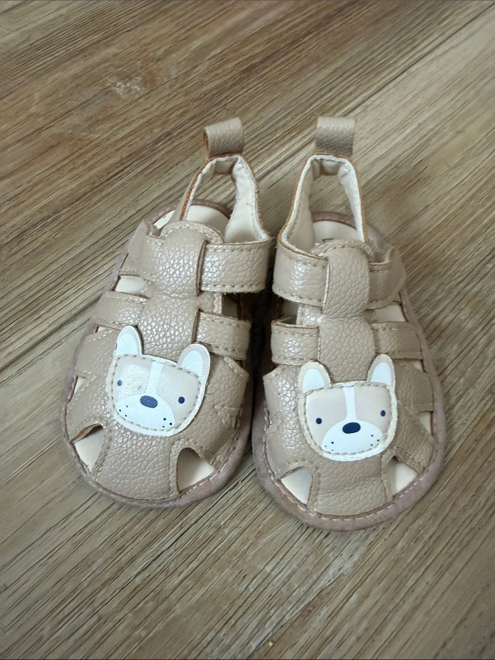 Little Me Beige/Tan Bear Appliqué Fisherman Sandals