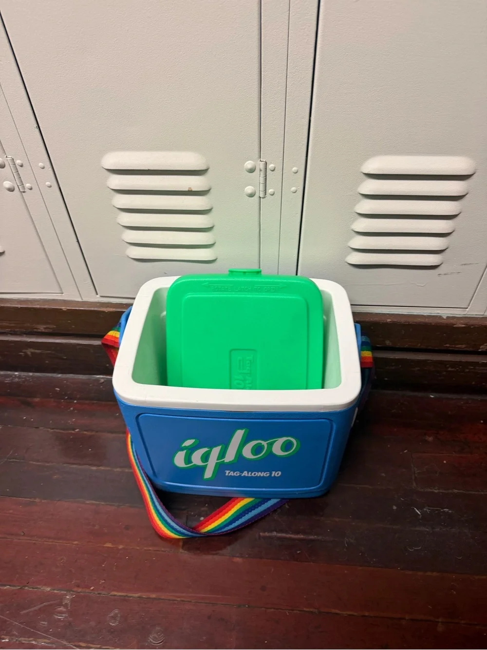 Vintage Igloo tag along 10 Blue Cooler with Green Lid and Rainbow Strap