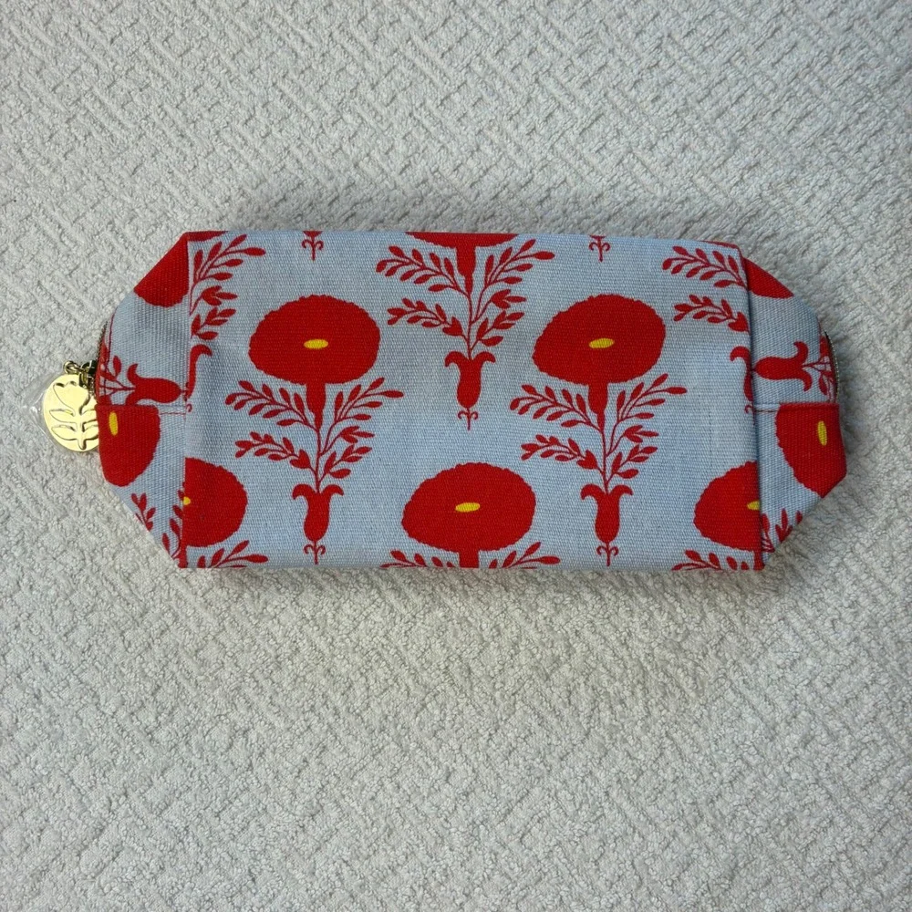 Estee Lauder Red Floral Recycled Canvas Makeup Bag Gold Flower Charm Pouch