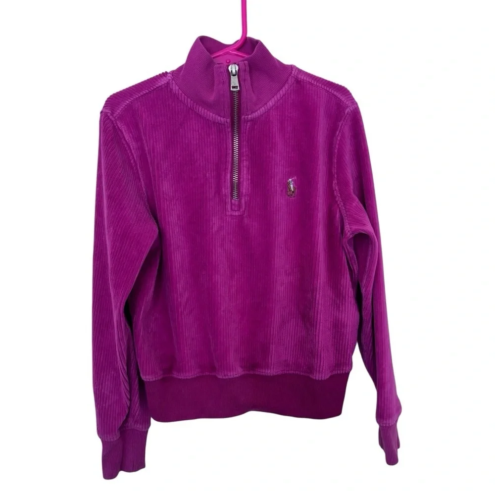 Ralph Lauren Polo girls kids quarter zip Corduroy ribbed Sweatshirt - Magenta