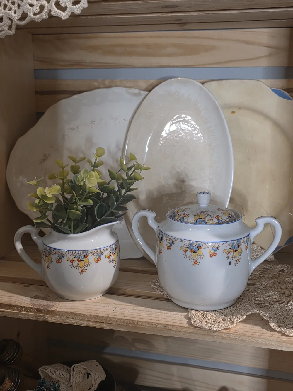 Vtg Blue Trim Floral Porcelain Sugar Bowl & Creamer Set
