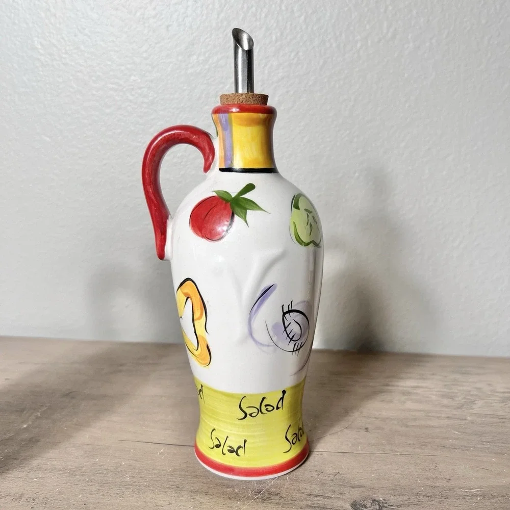 Tabletops Gallery Salad 101 Hand Painted Oil‎ Vinegar Cruet & Pepper Shaker Set