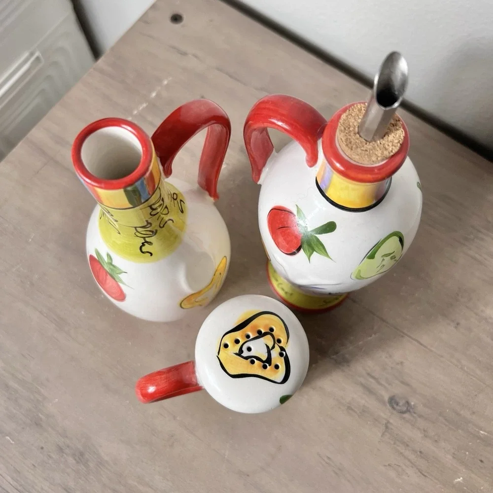 Tabletops Gallery Salad 101 Hand Painted Oil‎ Vinegar Cruet & Pepper Shaker Set