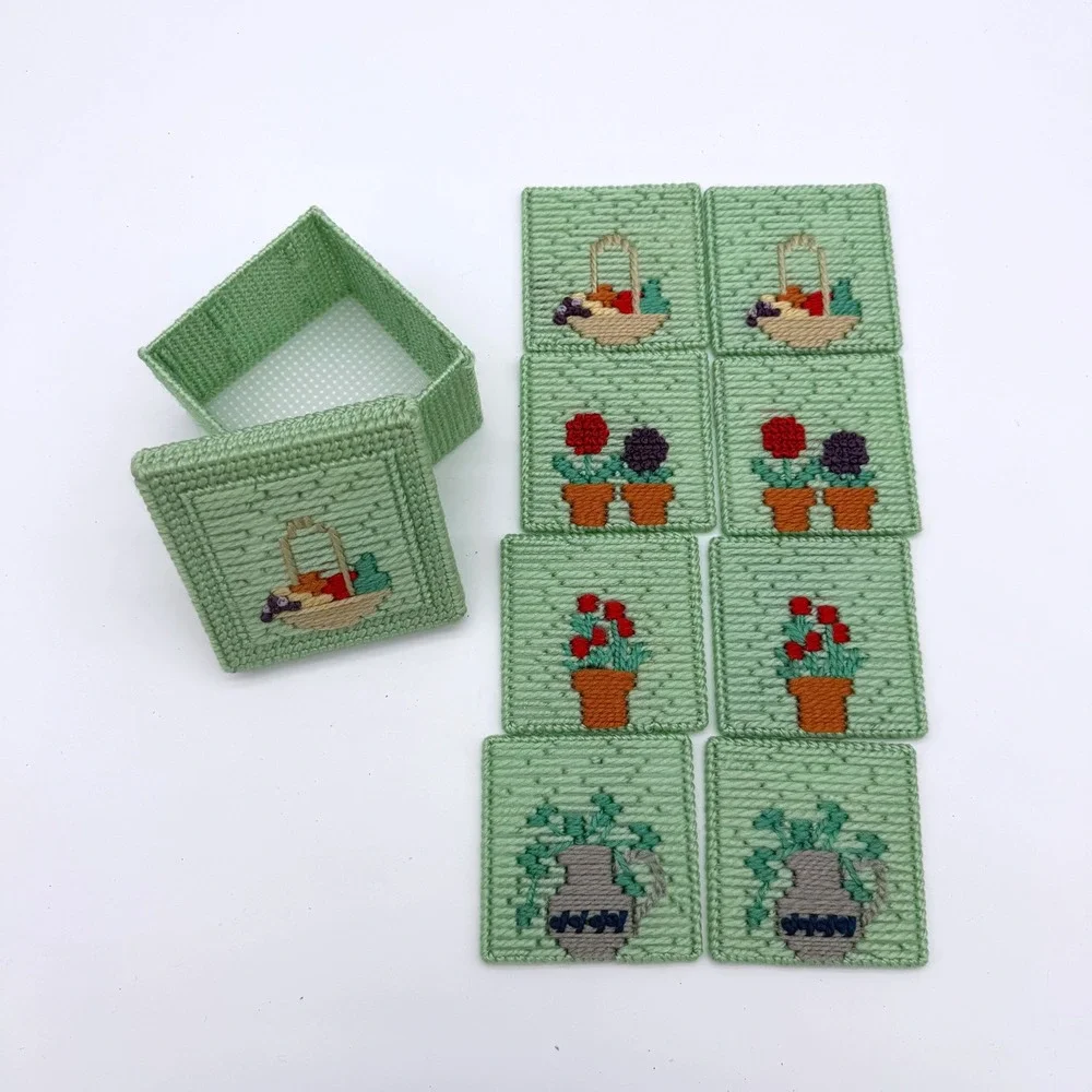 Handmade Needlepoint Coaster Set with Box 8pc Mint Green Floral‎ Vintage 4x4