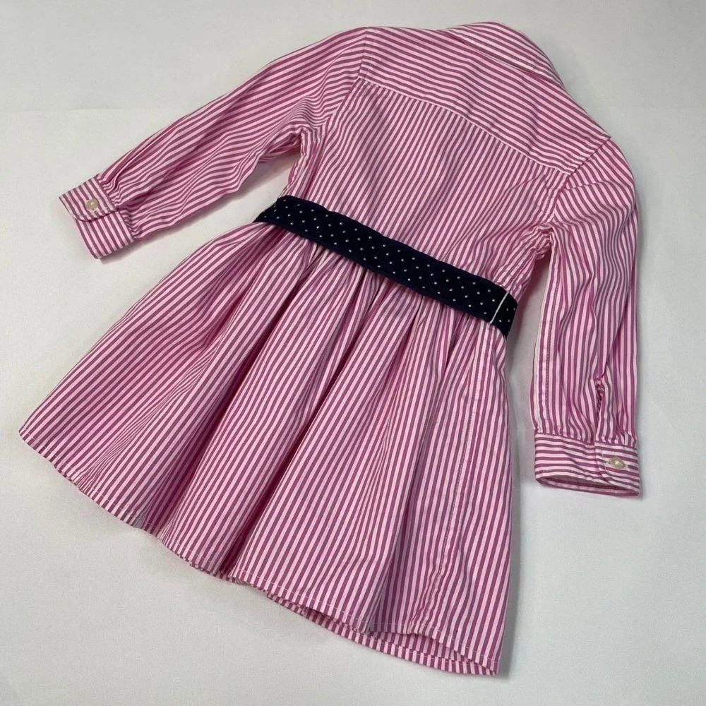 Ralph‎ Lauren Pink White Stripe Button Front Dress Navy Polka Dot Belt Size 12M