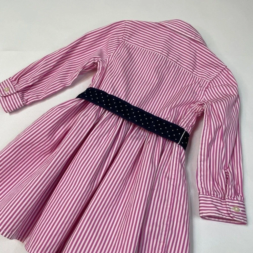Ralph‎ Lauren Pink White Stripe Button Front Dress Navy Polka Dot Belt Size 12M