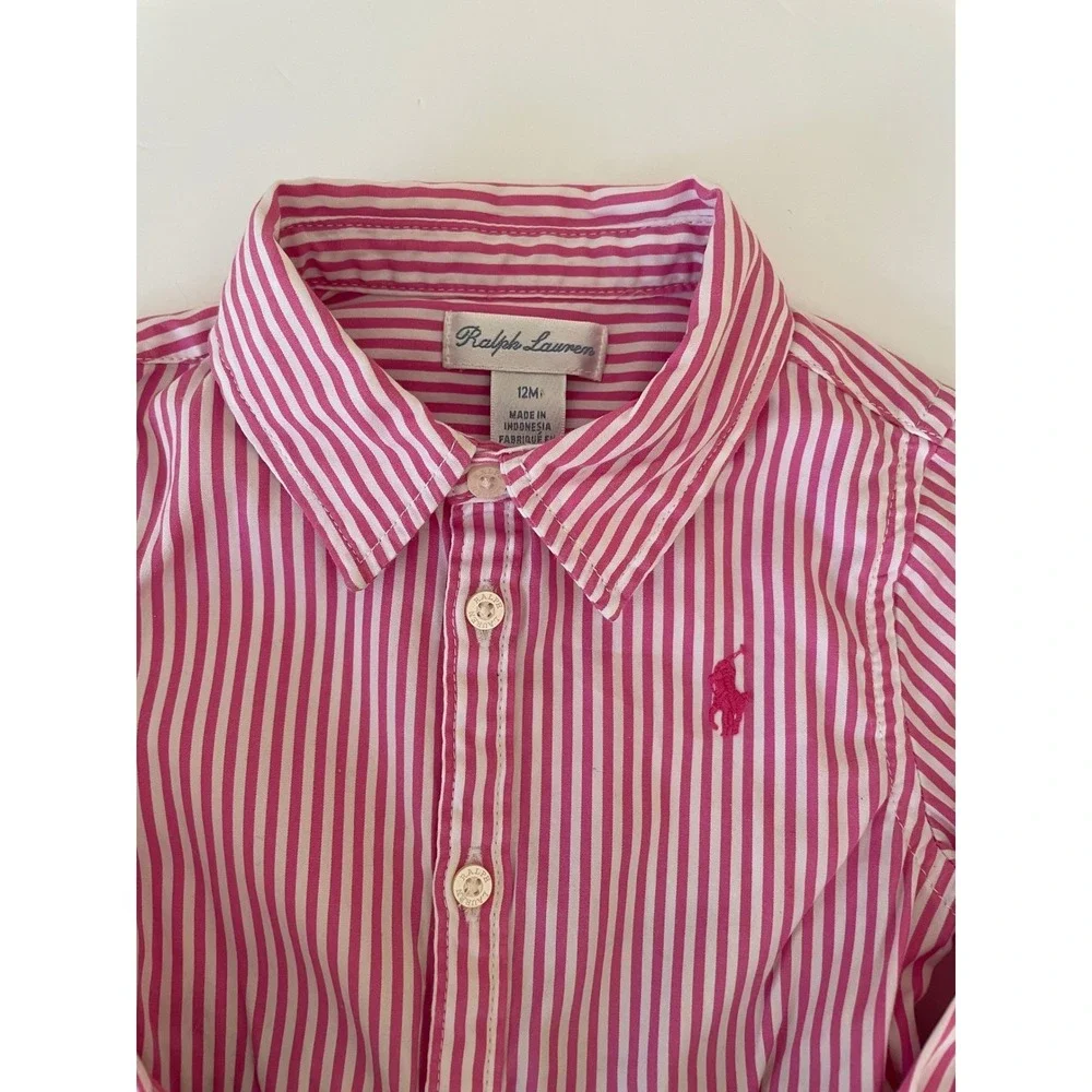 Ralph‎ Lauren Pink White Stripe Button Front Dress Navy Polka Dot Belt Size 12M