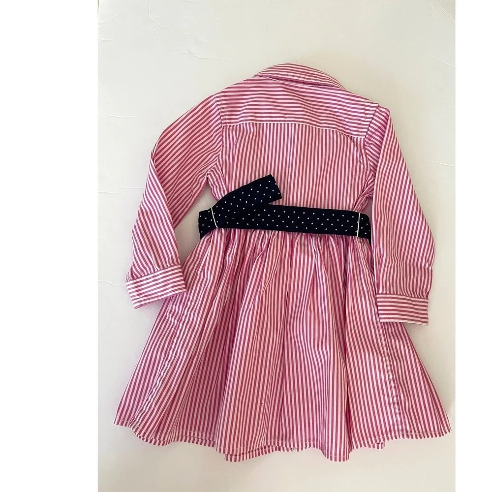 Ralph‎ Lauren Pink White Stripe Button Front Dress Navy Polka Dot Belt Size 12M